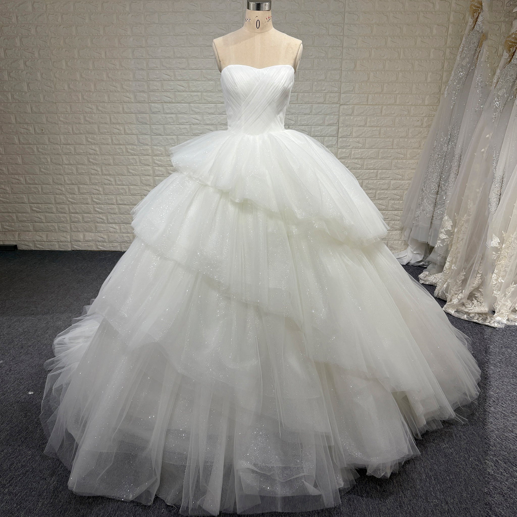 Elegant Pleated Sparkly Tulle Ball Gown Strapless Wedding Dress - Rosymae