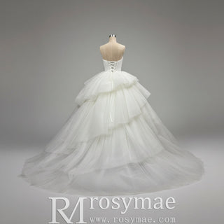 Elegant Pleated Sparkly Tulle Ball Gown Strapless Wedding Dress - Rosymae
