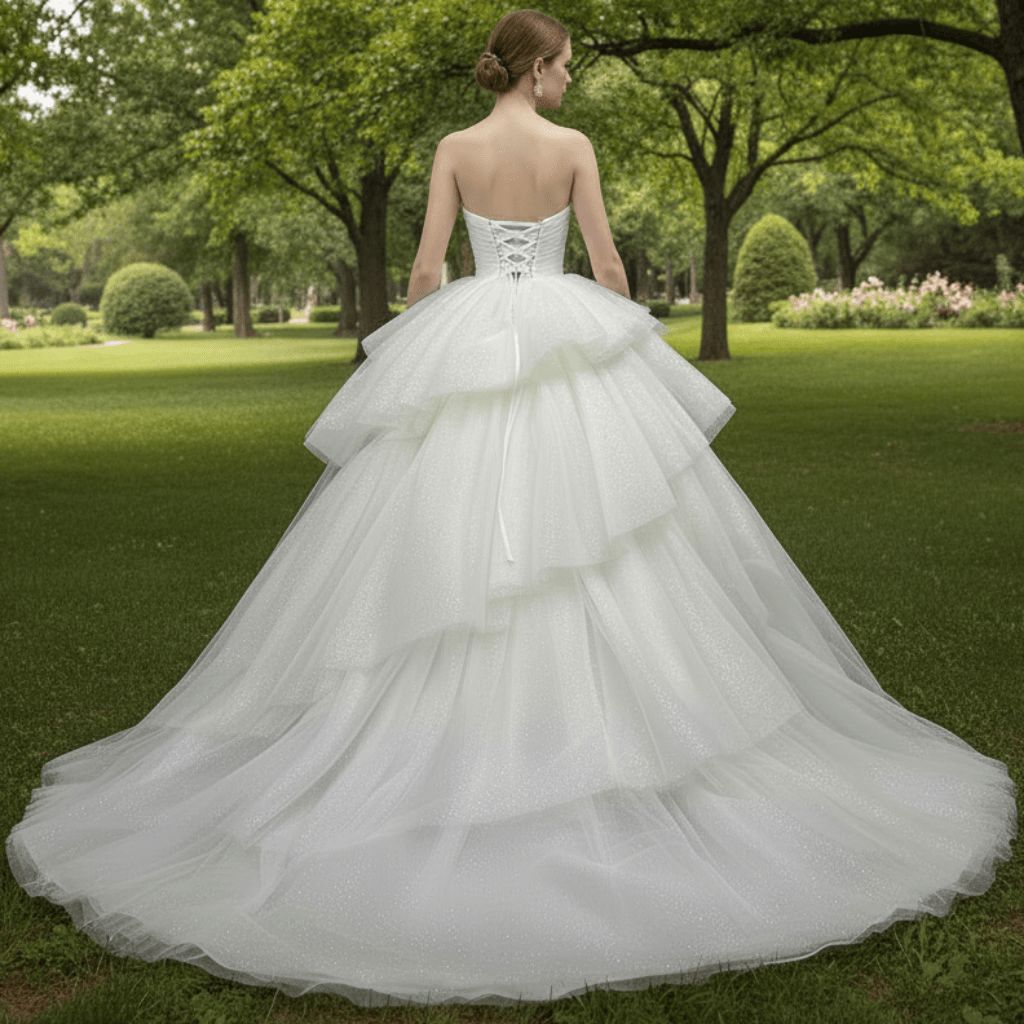 Elegant Pleated Sparkly Tulle Ball Gown Strapless Wedding Dress - Rosymae