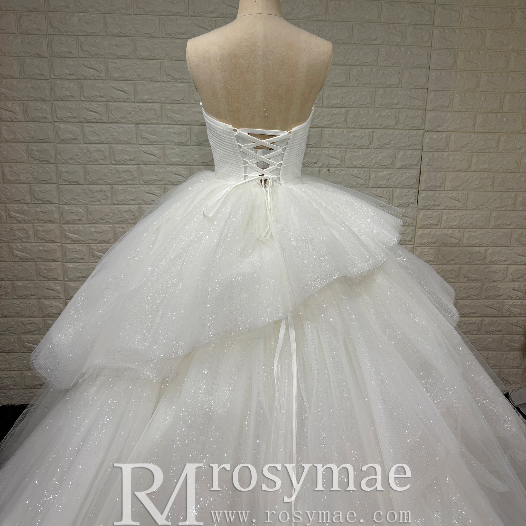 Elegant Pleated Sparkly Tulle Ball Gown Strapless Wedding Dress - Rosymae