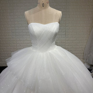 Elegant Pleated Sparkly Tulle Ball Gown Strapless Wedding Dress - Rosymae