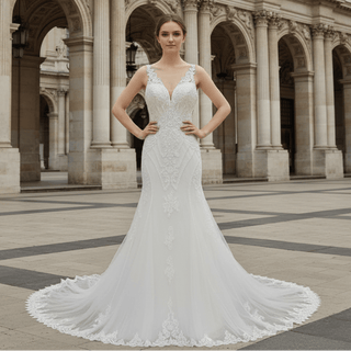 Elegant Plus Size V-neck Lacce Trumpet Keyhole Back Wedding Dress - Rosymae