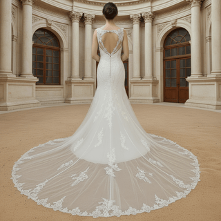 Elegant Plus Size V-neck Lacce Trumpet Keyhole Back Wedding Dress - Rosymae