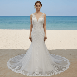 Elegant Plus Size V-neck Lacce Trumpet Keyhole Back Wedding Dress - Rosymae