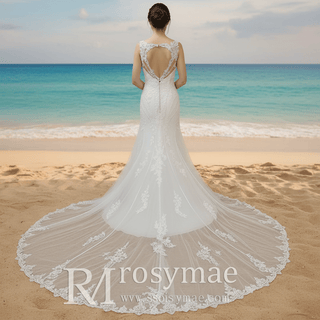 Elegant Plus Size V-neck Lacce Trumpet Keyhole Back Wedding Dress - Rosymae