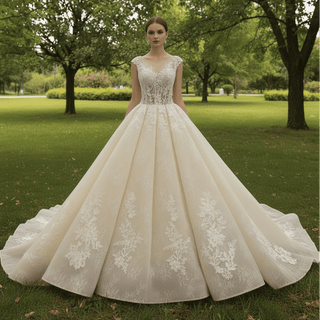 Elegant Princess Luxury Ball Gown Wedding Dress with Sheer Bodice - Rosymae