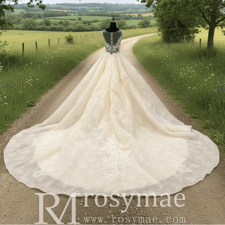 Elegant Princess Luxury Ball Gown Wedding Dress with Sheer Bodice - Rosymae