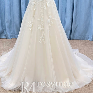 Elegant Princess Tulle A-Line Wedding Gown with 3D Floral Appliqués - Rosymae
