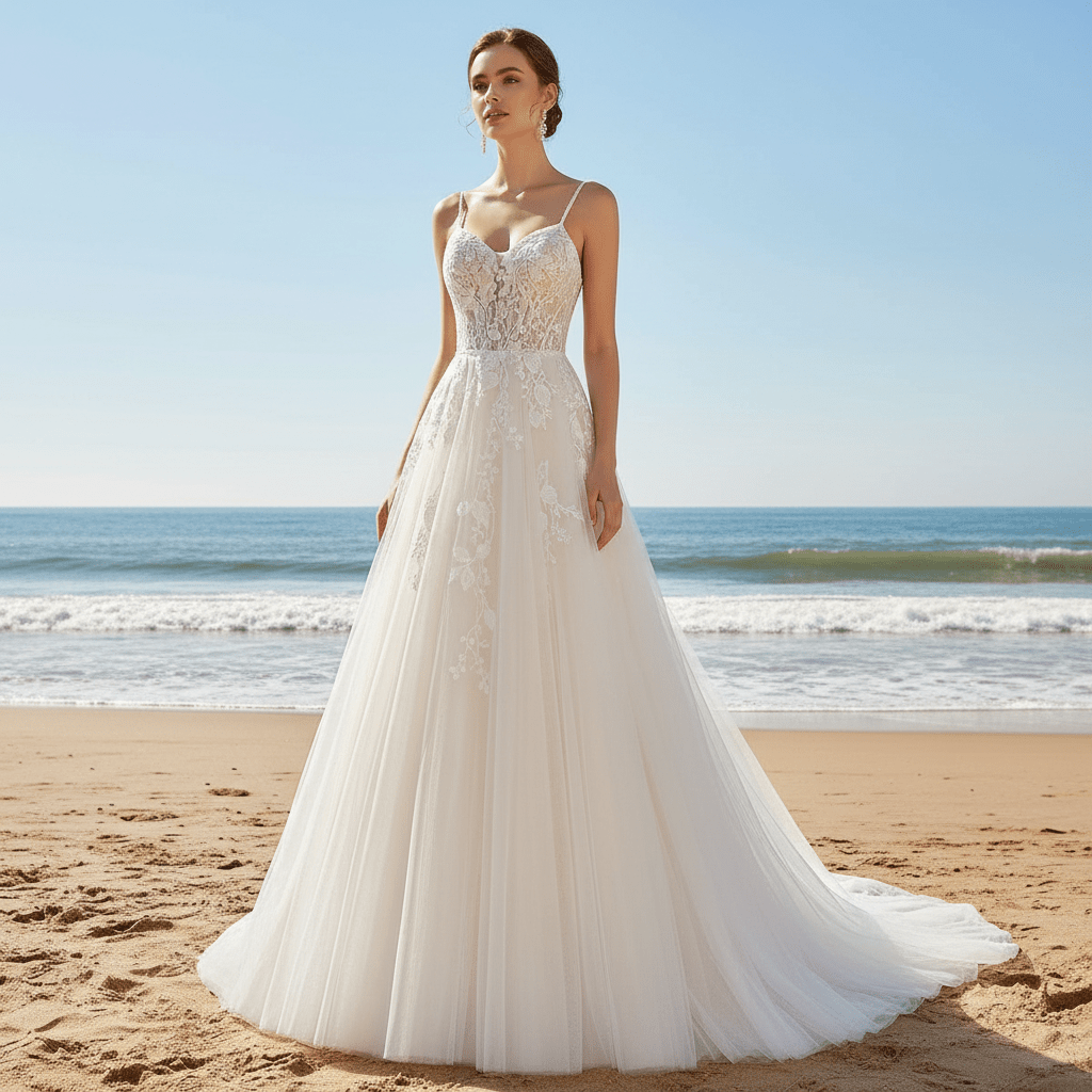 Elegant Princess Tulle A-Line Wedding Gown with 3D Floral Appliqués - Rosymae