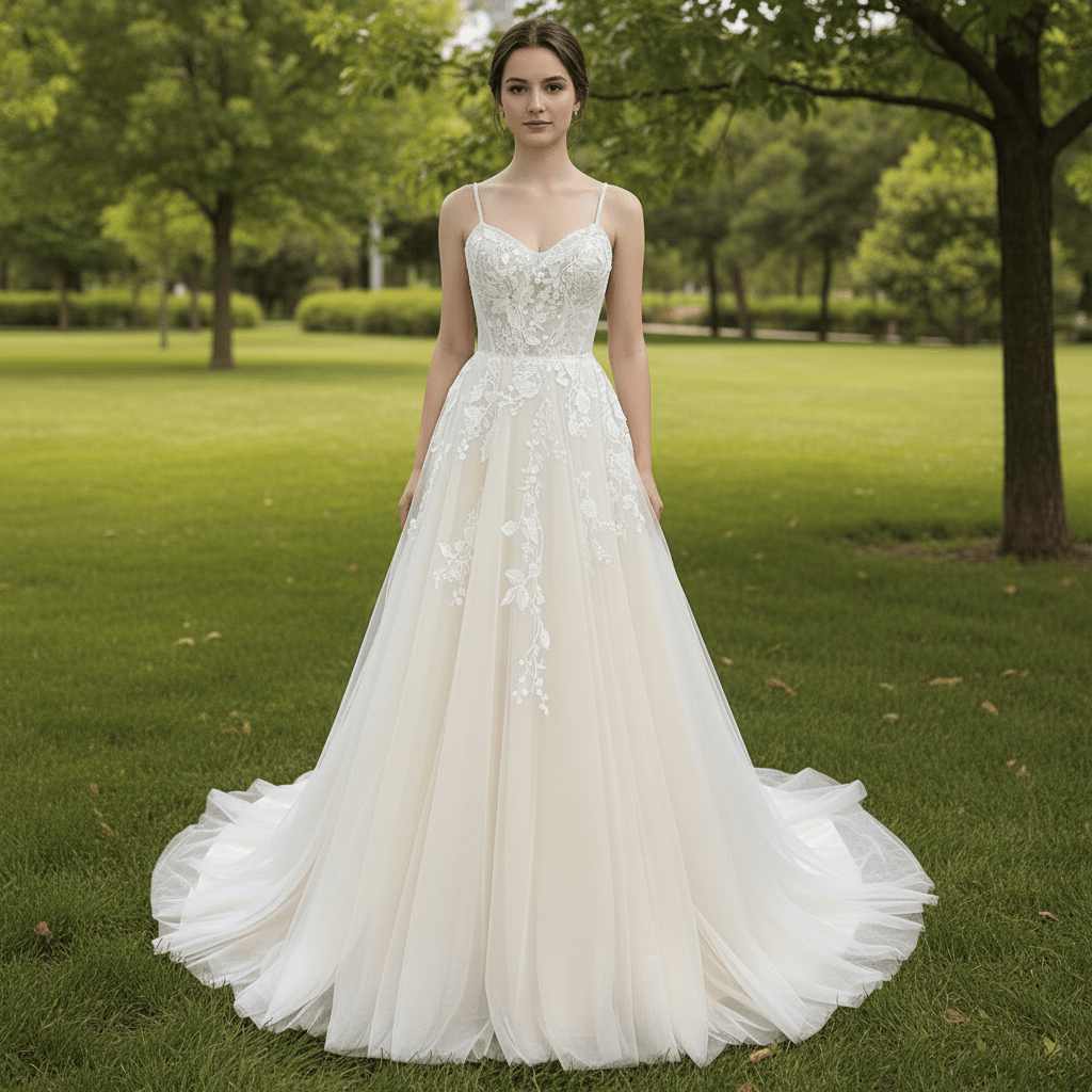 Elegant Princess Tulle A-Line Wedding Gown with 3D Floral Appliqués - Rosymae