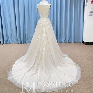 Elegant Princess Tulle A-Line Wedding Gown with 3D Floral Appliqués - Rosymae