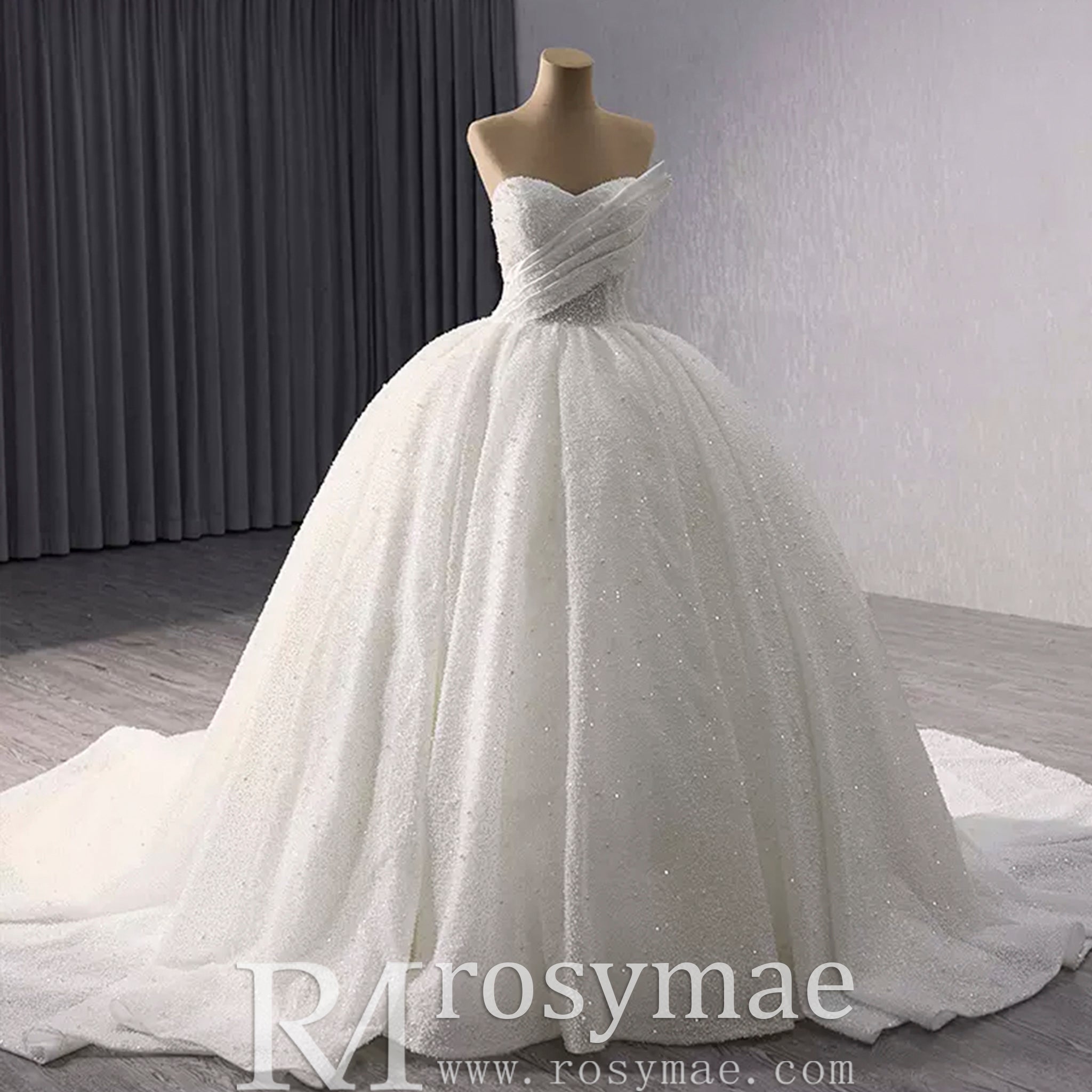 Elegant Puffy Skirt Sweetheart Wedding Dress with Pearls - Rosymae