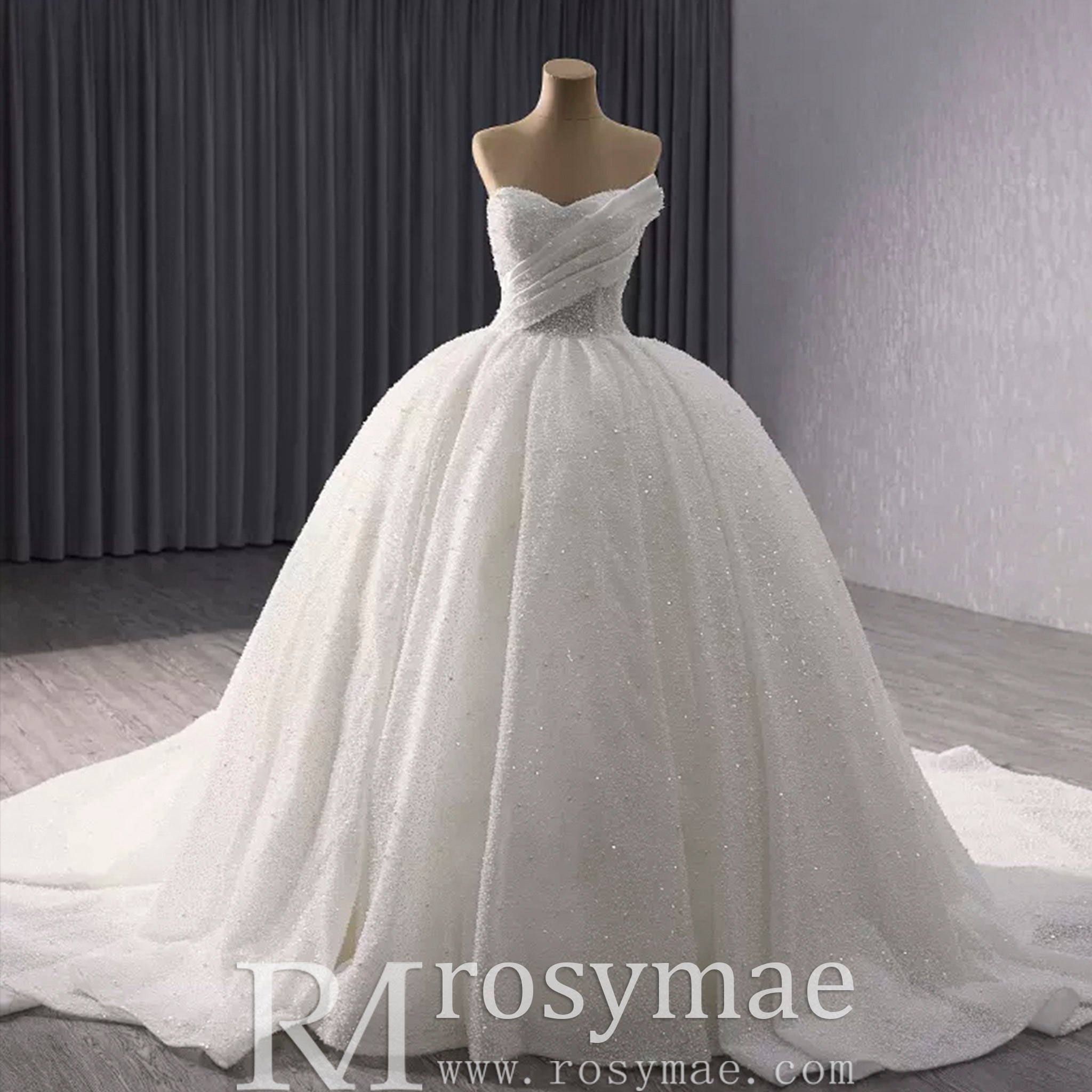 Elegant Puffy Skirt Sweetheart Wedding Dress with Pearls - Rosymae