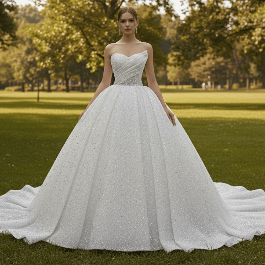 Elegant Puffy Skirt Sweetheart Wedding Dress with Pearls - Rosymae