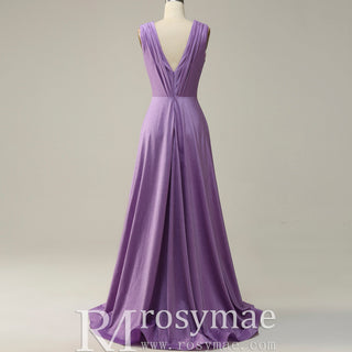 Elegant Purple V-Neck Bridesmaid Dresses with V Back for Wedding - Rosymae