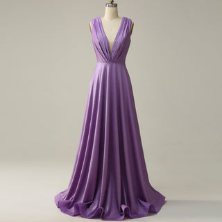 Elegant Purple V-Neck Bridesmaid Dresses with V Back for Wedding - Rosymae