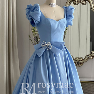 Elegant Queen Anne Satin Sky Blue Prom Dress with Short Sleeves - Rosymae
