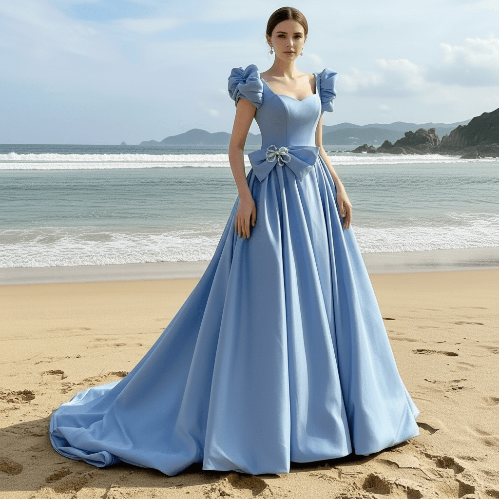 Elegant Queen Anne Satin Sky Blue Prom Dress with Short Sleeves - Rosymae