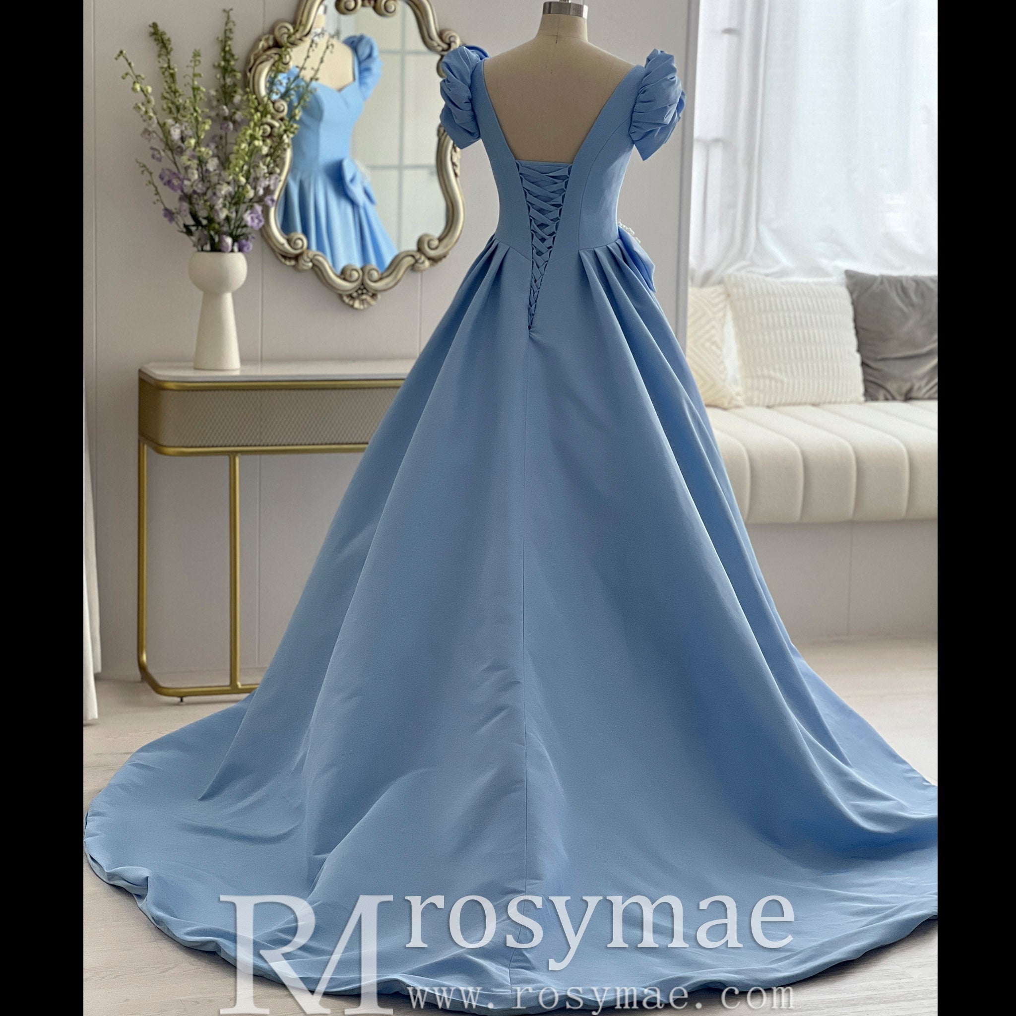 Elegant Queen Anne Satin Sky Blue Prom Dress with Short Sleeves - Rosymae