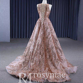 Elegant Rose Gold Sequin Lace Prom Dress High Neck Formal Gown - Rosymae