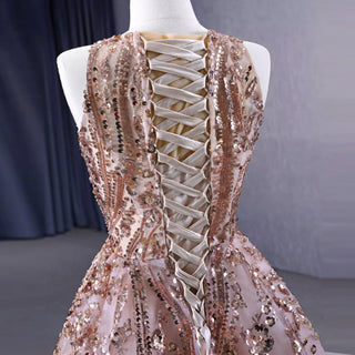 Elegant Rose Gold Sequin Lace Prom Dress High Neck Formal Gown - Rosymae