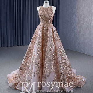 Elegant Rose Gold Sequin Lace Prom Dress High Neck Formal Gown - Rosymae