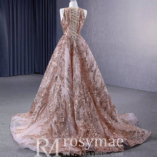 Elegant Rose Gold Sequin Lace Prom Dress High Neck Formal Gown - Rosymae