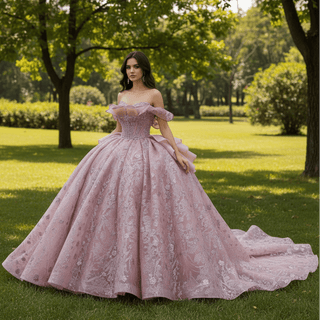 Elegant Ruffle Blush Pink Ball Gown Quinceanera with Off the Shoulder - Rosymae