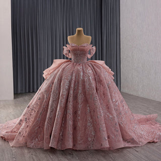Elegant Ruffle Blush Pink Ball Gown Quinceanera with Off the Shoulder - Rosymae
