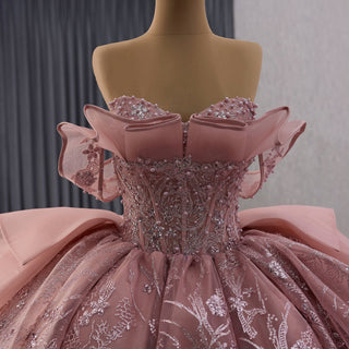 Elegant Ruffle Blush Pink Ball Gown Quinceanera with Off the Shoulder - Rosymae