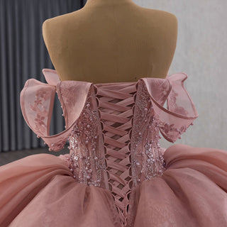 Elegant Ruffle Blush Pink Ball Gown Quinceanera with Off the Shoulder - Rosymae