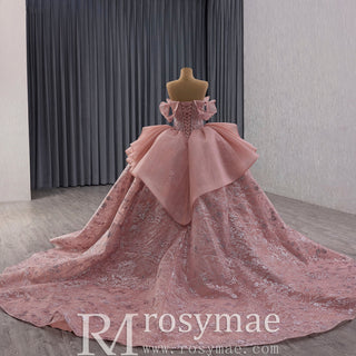 Elegant Ruffle Blush Pink Ball Gown Quinceanera with Off the Shoulder - Rosymae