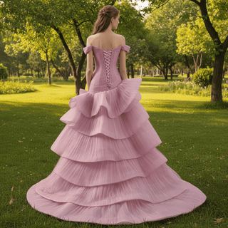 Elegant Ruffle Off the Shoulder High Low Formal Dress for Wedding - Rosymae