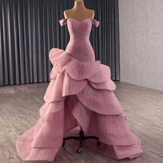 Elegant Ruffle Off the Shoulder High Low Formal Dress for Wedding - Rosymae