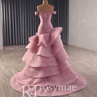 Elegant Ruffle Off the Shoulder High Low Formal Dress for Wedding - Rosymae