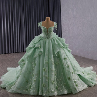 Elegant Ruffle Skirt Light Green Quinceanera Dress Sweet 15 with 3D Flowers - Rosymae