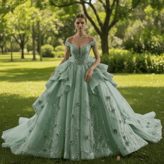 Elegant Ruffle Skirt Light Green Quinceanera Dress Sweet 15 with 3D Flowers - Rosymae