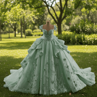Elegant Ruffle Skirt Light Green Quinceanera Dress Sweet 15 with 3D Flowers - Rosymae
