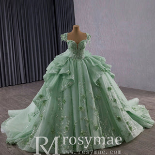 Elegant Ruffle Skirt Light Green Quinceanera Dress Sweet 15 with 3D Flowers - Rosymae