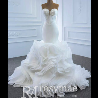 Elegant Ruffle Skirt Trumpet Wedding Dress with Detachable Sleeves - Rosymae