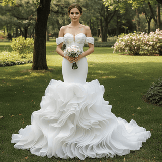 Elegant Ruffle Skirt Trumpet Wedding Dress with Detachable Sleeves - Rosymae