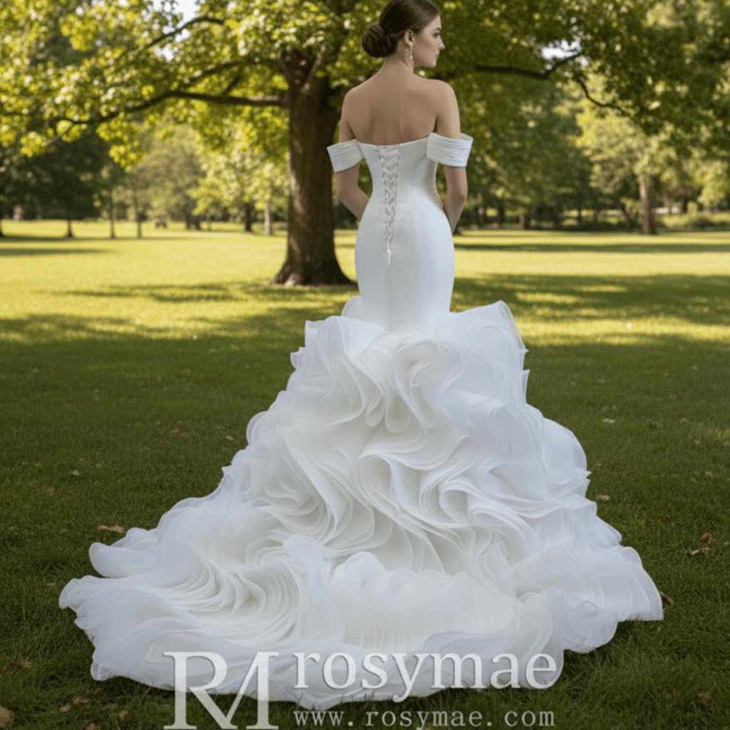 Elegant Ruffle Skirt Trumpet Wedding Dress with Detachable Sleeves - Rosymae