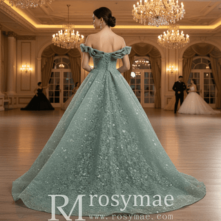 Elegant Sage Green Ball Gown with Off-the-Shoulder Ruffled Neckline & Corset Back - Rosymae