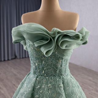 Elegant Sage Green Ball Gown with Off-the-Shoulder Ruffled Neckline & Corset Back - Rosymae