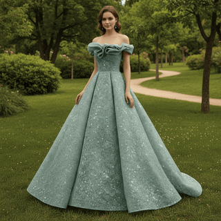 Elegant Sage Green Ball Gown with Off-the-Shoulder Ruffled Neckline & Corset Back - Rosymae