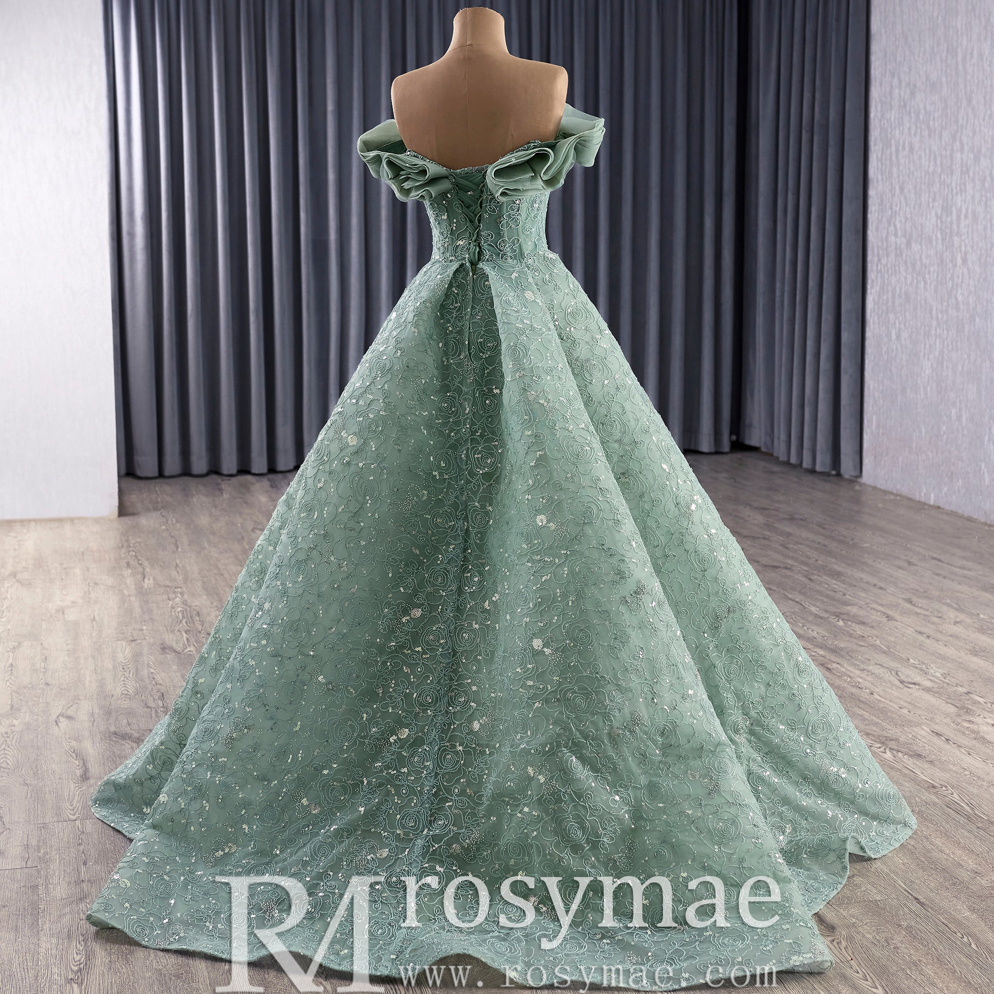 Elegant Sage Green Ball Gown with Off-the-Shoulder Ruffled Neckline & Corset Back - Rosymae