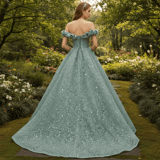 Elegant Sage Green Ball Gown with Off-the-Shoulder Ruffled Neckline & Corset Back - Rosymae