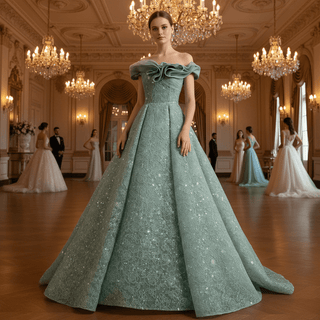 Elegant Sage Green Ball Gown with Off-the-Shoulder Ruffled Neckline & Corset Back - Rosymae