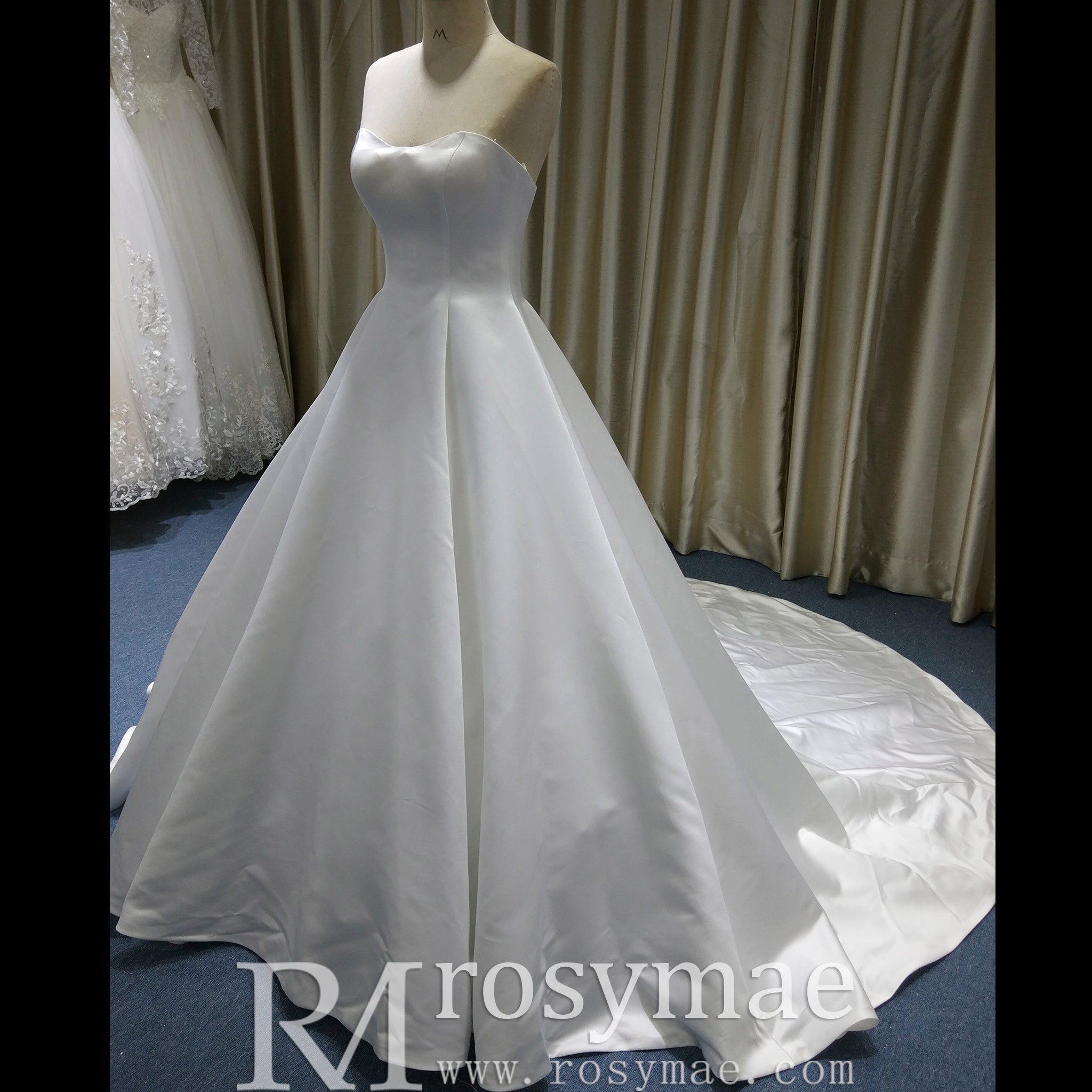 Classic Simple Curve Neckline Satin Wedding Dress with A-line Rosymae Classic Simple Curve Neckline Satin Wedding Dress with A-line Rosymae