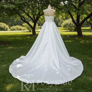 Elegant Satin A-line Wedding Dress with Boat Neckline - Rosymae